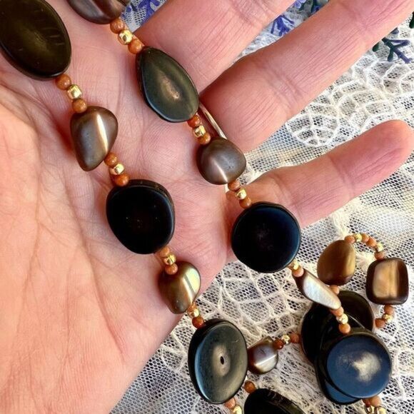 Vintage 70's Natural Horn, Coral & Abalone Shell Necklace 25” - Picture 9 of 14